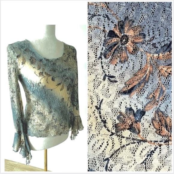 Sheer Lace Blouse, Floral Mesh, Bell Sleeve, Blue Grey & Brown Romantic Vintage - Picture 6 of 15